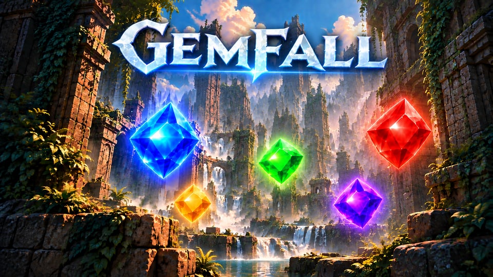 GEMFALL logo above glowing gems falling through a sunlit jungle ruin.
