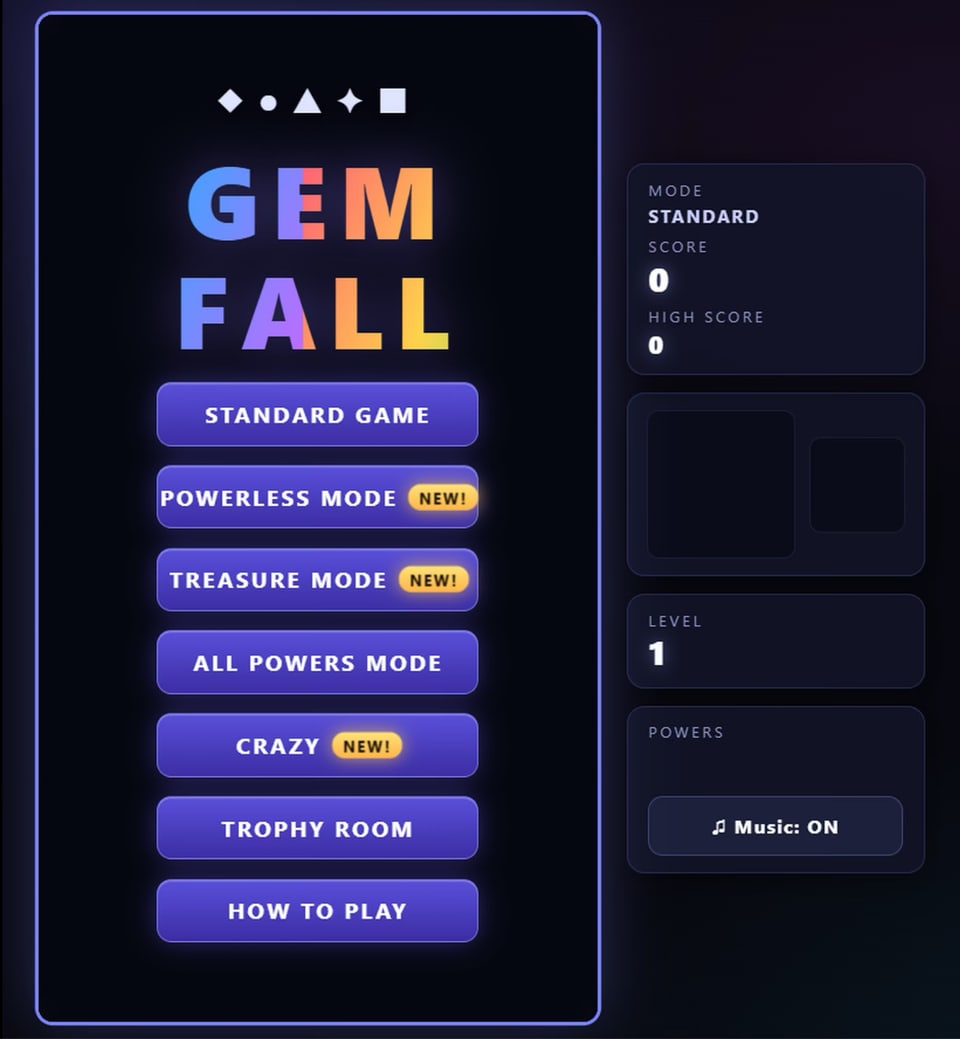 GEMFALL main menu listing the game modes