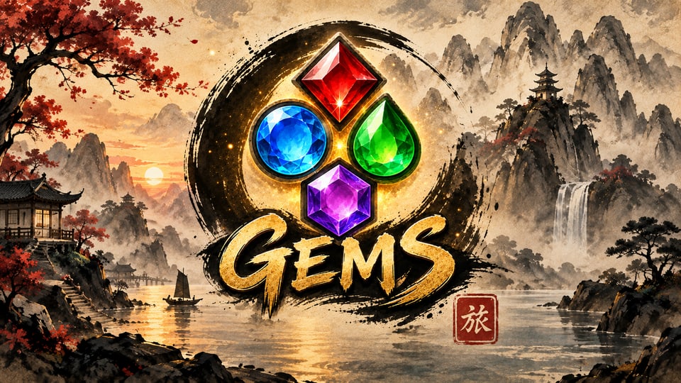 GEMS: four jewel shapes inside an ink-brush circle over a misty painted landscape.