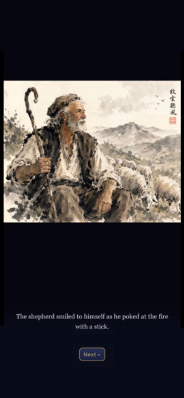 Story Mode: an ink painting of a shepherd by a fire