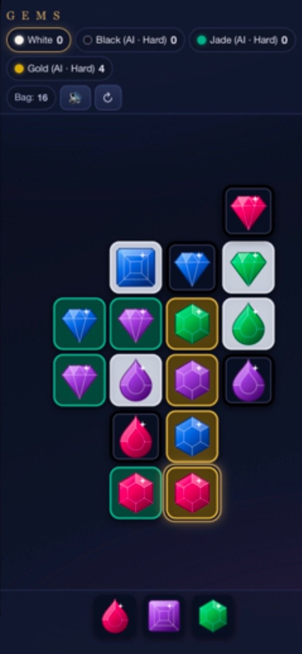 A Gems board mid-game with colored gems placed in lines