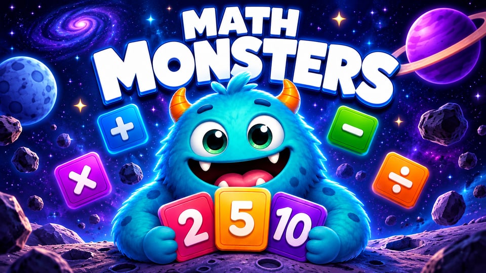 MATH MONSTERS: a friendly blue monster holding number cards 2, 5, and 10 in space.