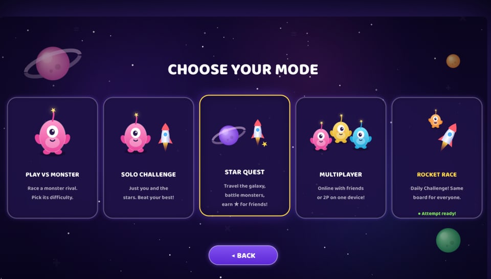 Choose your mode: Play vs Monster, Solo Challenge, Star Quest, Multiplayer, Rocket Race