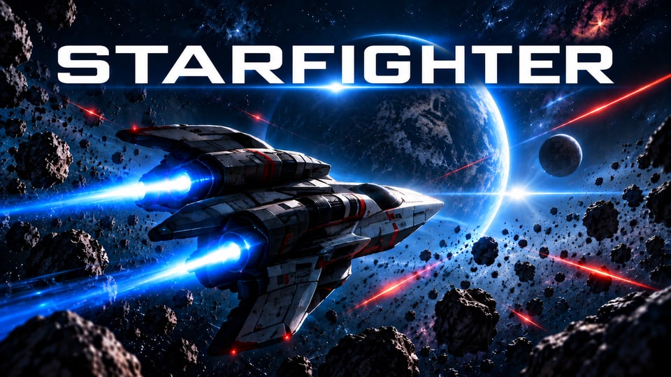 STARFIGHTER: a blue and white starfighter banks through an asteroid field with lasers firing.