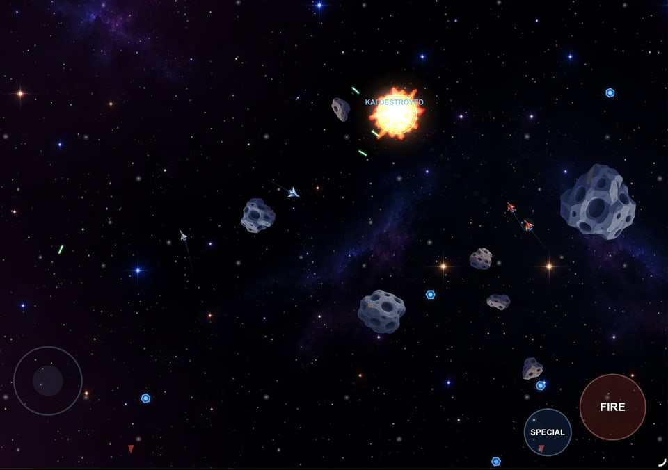 An enemy explodes among asteroids
