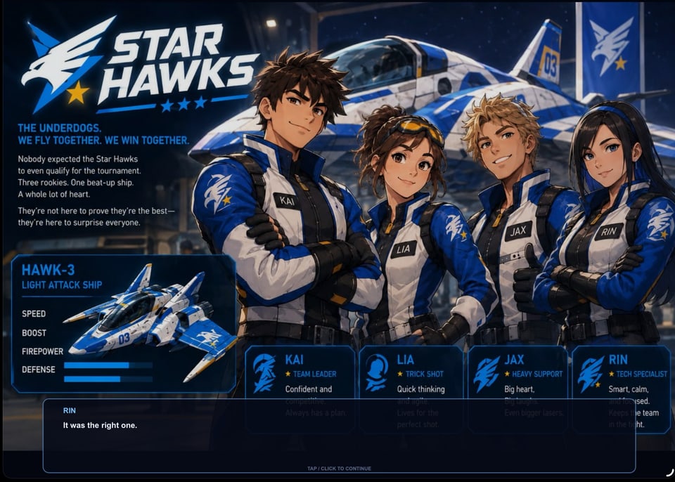 Star Hawks team select screen with the Hawk-3 light attack ship